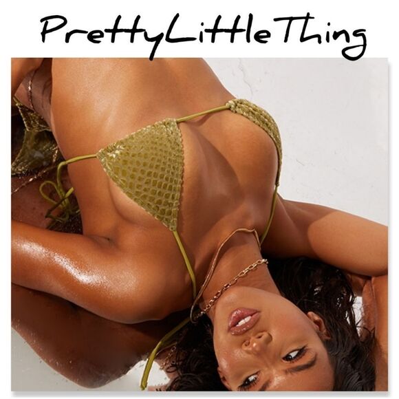 NWT PRETTYLITTLETHING Olive Devore Triangle Bikini Top ONLY - Picture 1 of 9